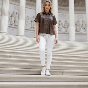 Brown vegan leather button up pleated shirt by Voy women’s small